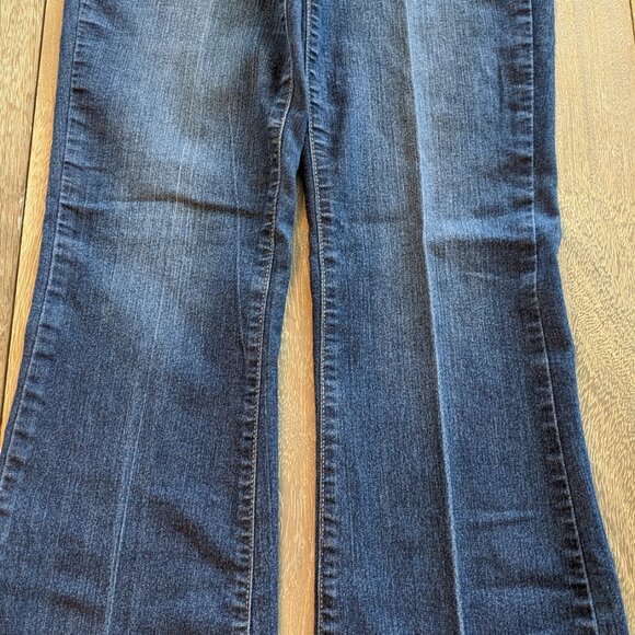 PAIGE, Dark Wash Distressed Skyline Boot Cut Low Rise Denim Blue Jeans, Size 27 - Picture 10 of 11